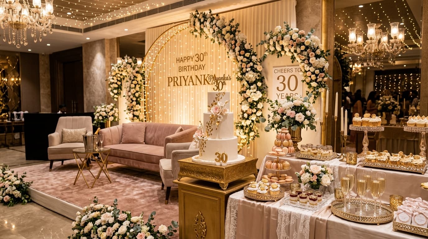 Luxury birthday party setup with balloon arches, dessert displays, and ambient warm lighting
