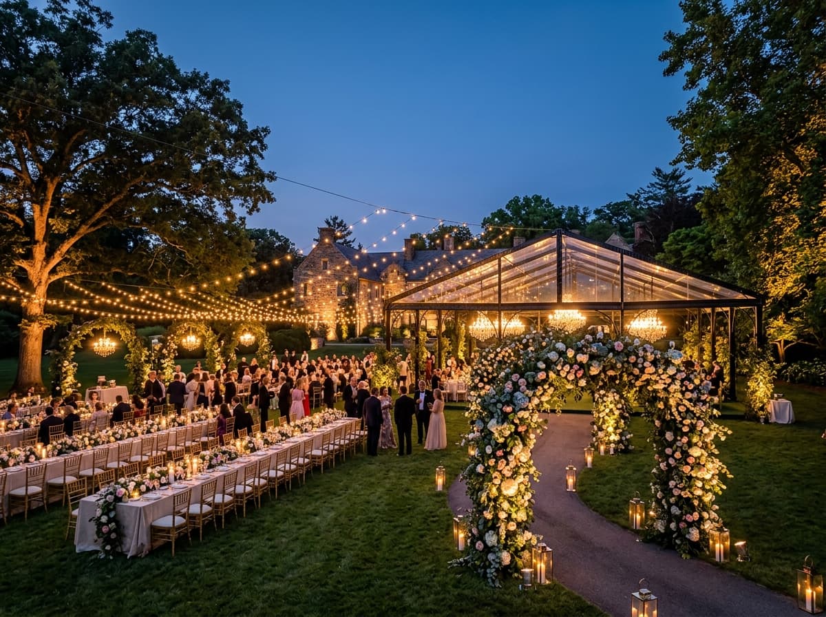 Expansive indoor-outdoor event production featuring glass marquee, imperial dining tables, and canopy lighting