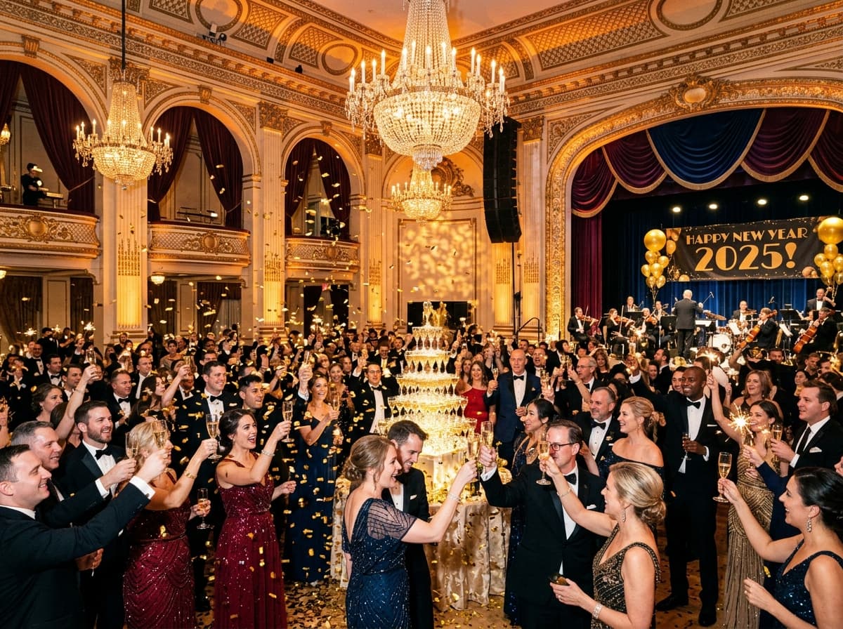 Festive New Year celebration gala ballroom with golden confetti, chandelier illumination, and stage lighting