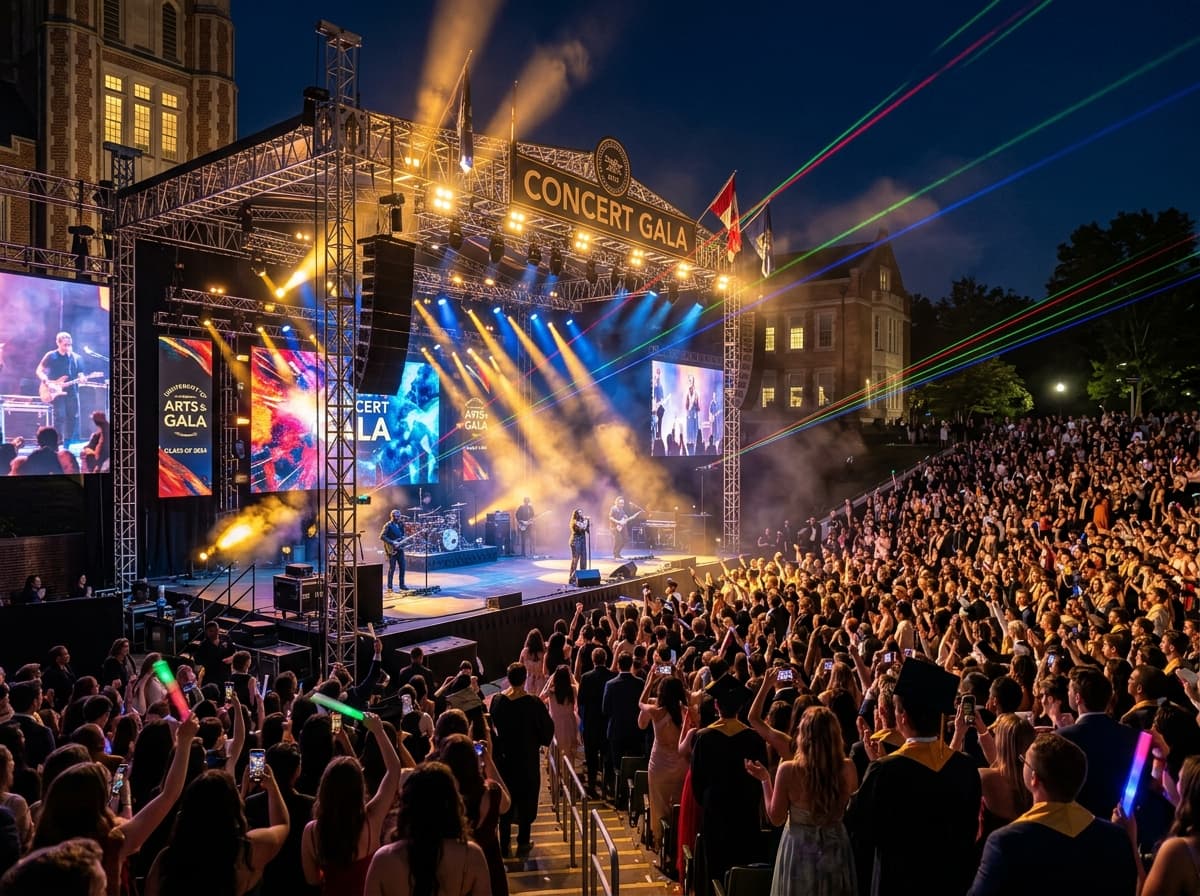 Campus cultural festival stage production with professional lighting trusses and live concert audience