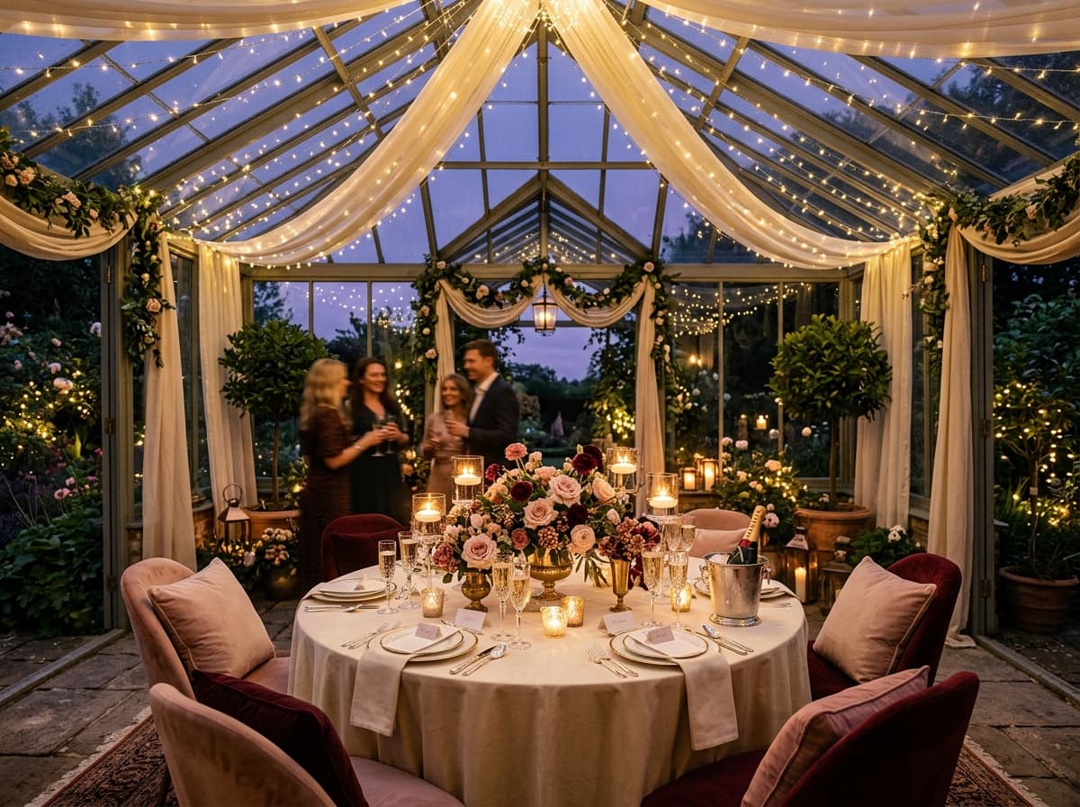 Intimate surprise celebration setup with candlelight, draped fabrics, and floral arrangements in an illuminated pavilion