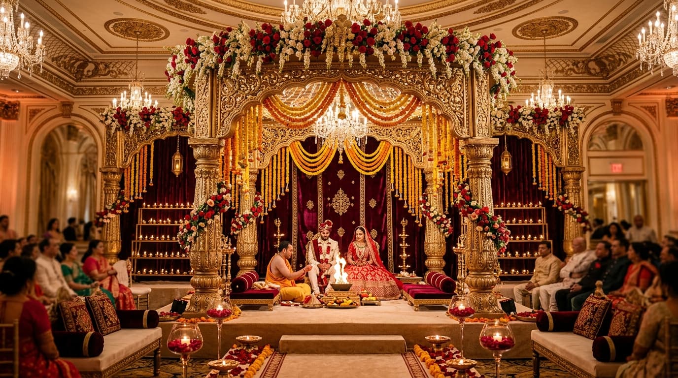 Grand wedding mandap setup with floral architecture and warm ambient illumination