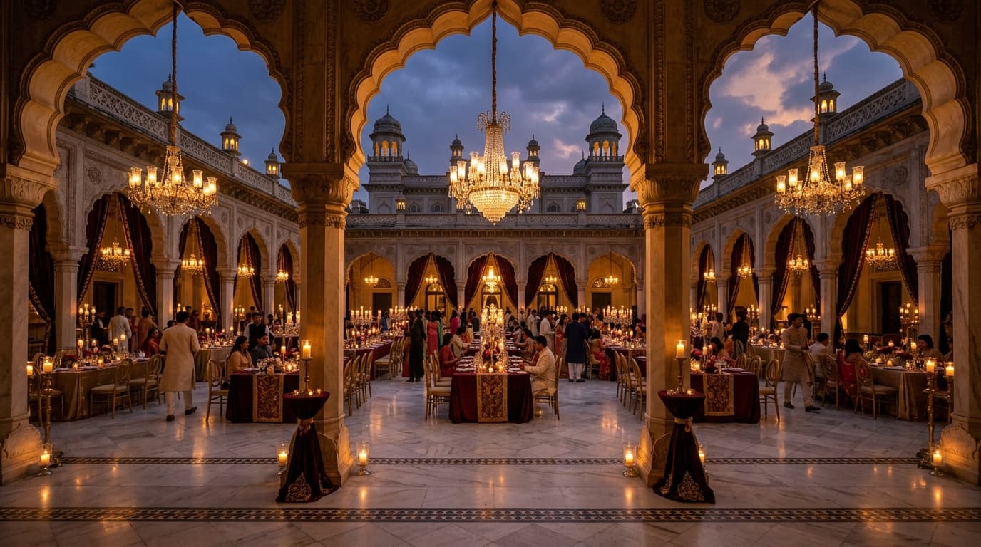 Palatial architectural courtyard with warm celebratory illumination